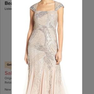 NWT Adrianna Papell Blush Beaded Cap Sleeve Gown 6